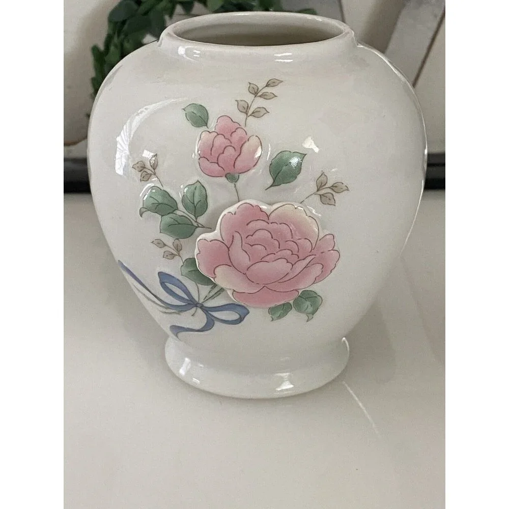 Vintage Japan Mini Vase 3D Raised Roses Porcelain Collectible White and Pink EUC